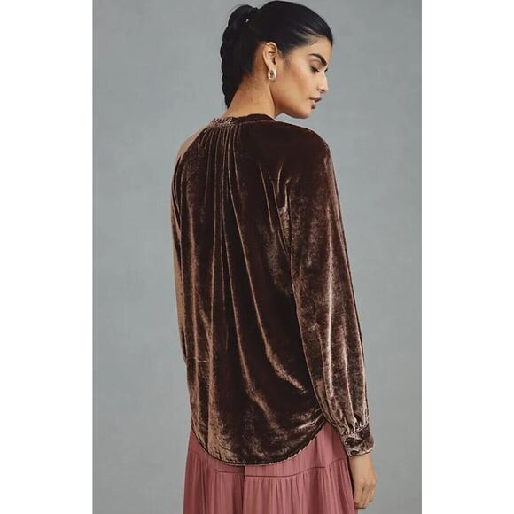 Anthropologie Pilcro Crushed Velvet Femme Buttondown Shirt Cocoa sz XXSP Brown - Picture 2 of 16